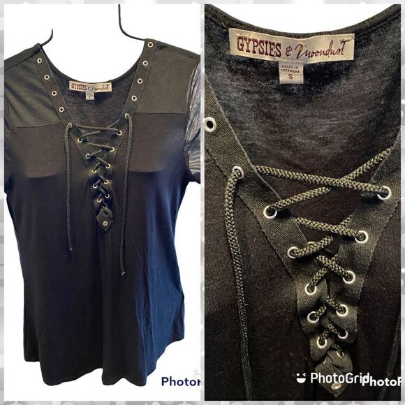 Woman’s SZ S GYPSIES & Moondust Black And Sheer Tie Up Top - Picture 2 of 3